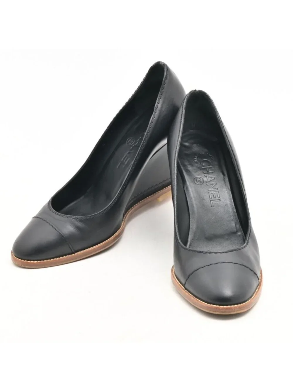 Chanel Pumps Black Wedge Sole Leather Heels